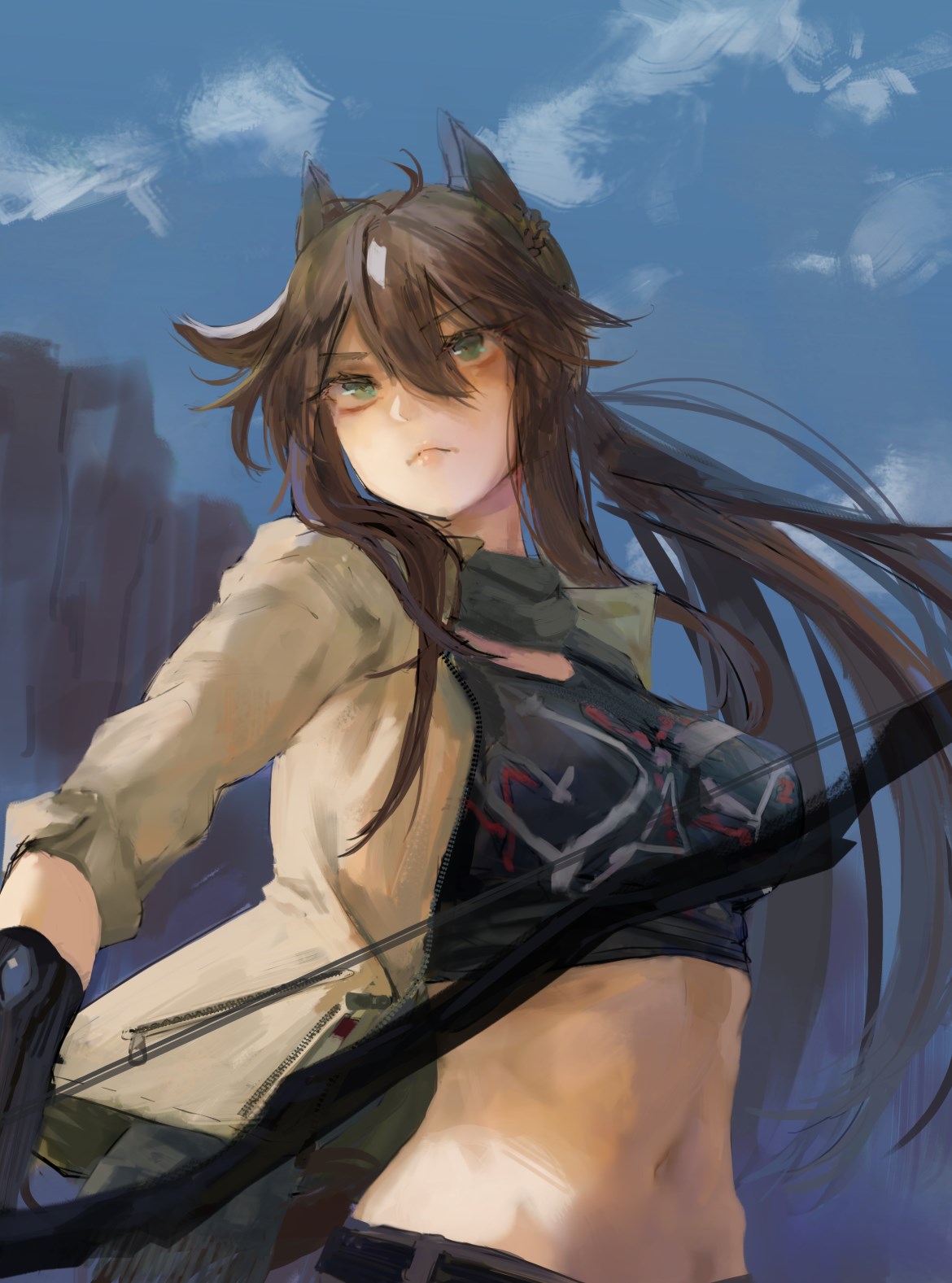 1girl animal_ears arknights blue_sky bow_(weapon) breasts brown_hair closed_mouth crop_top day floating_hair green_eyes grey_jacket highres holding holding_bow_(weapon) holding_weapon jacket long_hair looking_at_viewer medium_breasts meteor_(arknights) navel noccu open_clothes open_jacket outdoors sky solo weapon