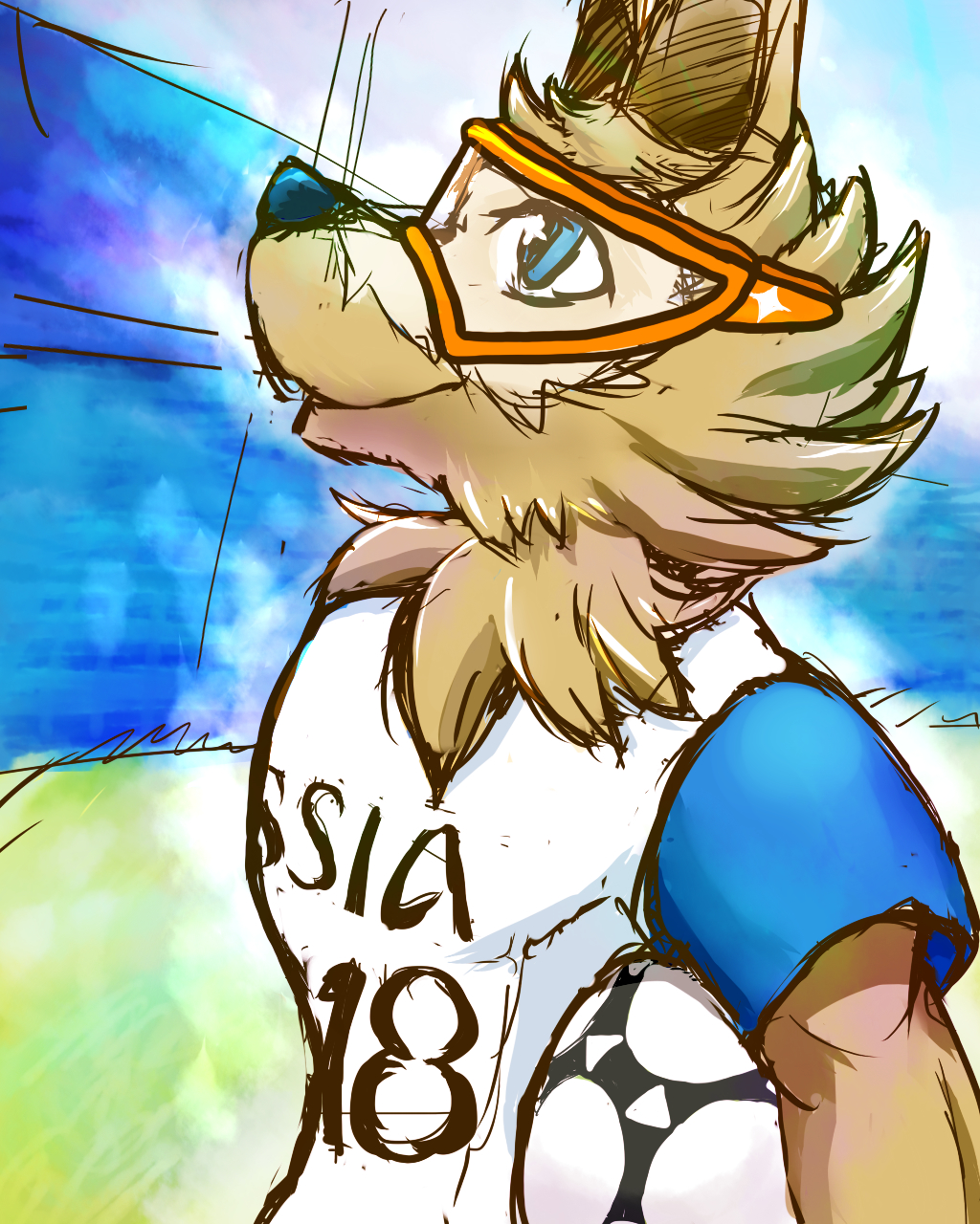 2016 4:5 anthro ball blue_eyes canid canine canis clothed clothing detailed_background digital_media_(artwork) eyewear fifa fur goggles grass half-length_portrait hi_res male mammal mascot neck_tuft portrait sketch soccer soccer_ball solo sport standing text tuft wolf zabivaka zwoelf_wolfes