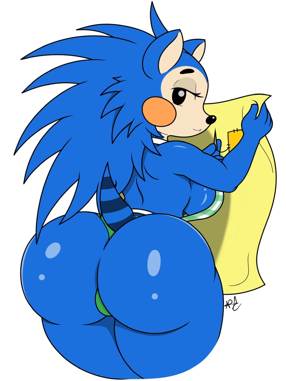 3:4 animal_crossing animal_humanoid anthro apron big_breasts big_butt blue_body blue_fur blue_hair breasts butt clothed clothing digital_media_(artwork) eulipotyphlan eulipotyphlan_humanoid female fur hair hedgehog hedgehog_humanoid hi_res huge_butt humanoid looking_at_viewer looking_back mabel_able mammal mammal_humanoid mostly_nude nintendo nr_ac sewing simple_background smile solo thick_thighs video_games