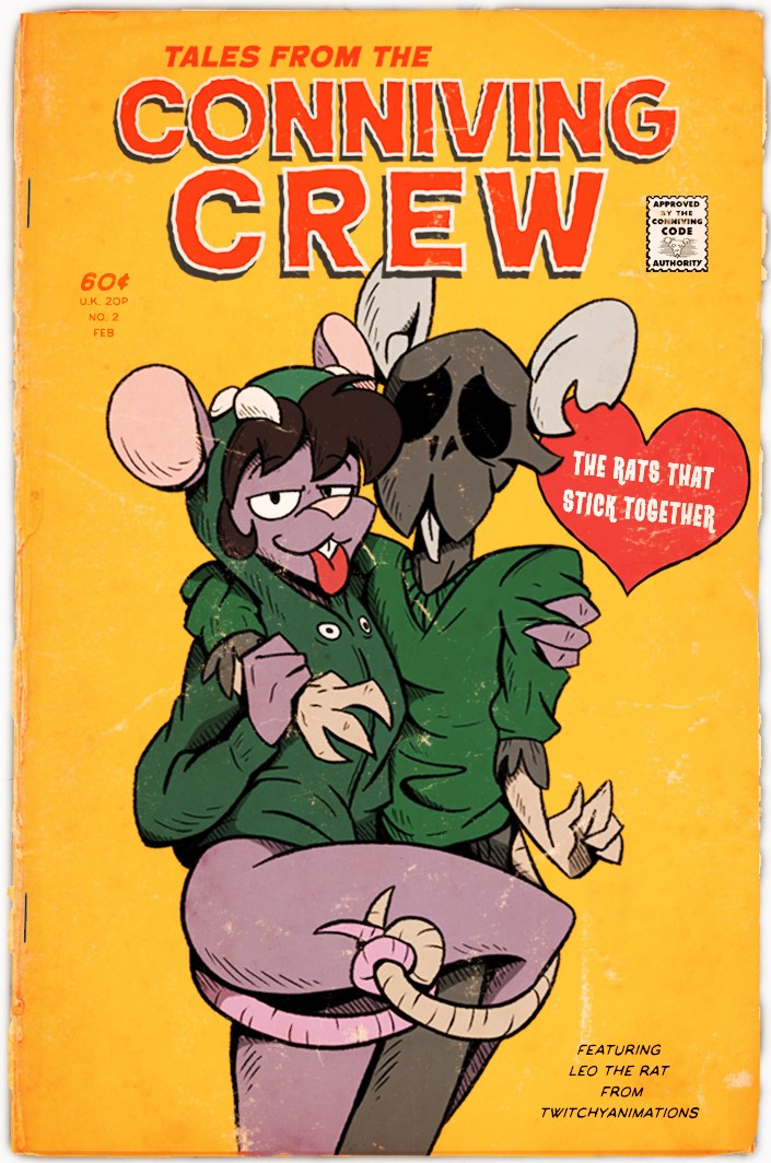 &lt;3 2020 4_fingers anthro black_eyes bottomless brown_hair clothed clothing connivingrat cover cover_page crat_(connivingrat) duo english_text entwined_tails fingers front_view fully_clothed hair hand_grab hoodie leo_(twitchyanimation) male mammal murid murine rat rodent shirt standing tail_coil text tongue tongue_out topwear