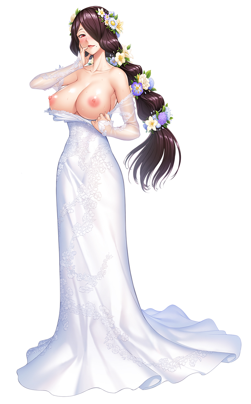 1girl areolae bangs bare_shoulders blush breasts collarbone commentary_request dress floral_print flower full_body fuuma_saika hair_flower hair_ornament hair_over_one_eye highres large_breasts lips long_dress long_hair looking_at_viewer mole mole_under_mouth nipples official_art parted_lips pulled_by_self red_eyes see-through shiny shiny_hair shiny_skin simple_background solo standing strapless strapless_dress taimanin_(series) taimanin_asagi_kessen_arena tied_hair wedding_dress white_background white_dress zol