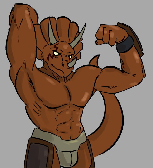 abs anthro biceps big_muscles brown_body brown_scales ceratopsian clothed clothing dinosaur flexing frill_(anatomy) grey_background horn male muscular muscular_male ornithischian pecs reptile scales scalie simple_background solo stupidgnoll teenage_mutant_ninja_turtles topless traximus triceraton