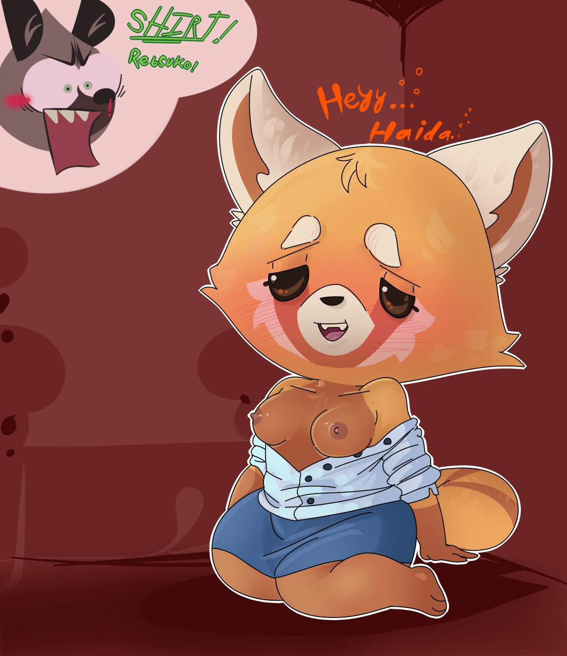 2018 aggressive_retsuko ailurid anthro baebot bottomwear breasts clothed clothing disembodied_head dress_shirt drunk duo exposed_breasts female female_focus front_view haida half-closed_eyes hi_res hyaenid kneeling male mammal narrowed_eyes nipples open_shirt red_panda retsuko sanrio shirt skirt solo_focus spotted_hyena substance_intoxication topwear