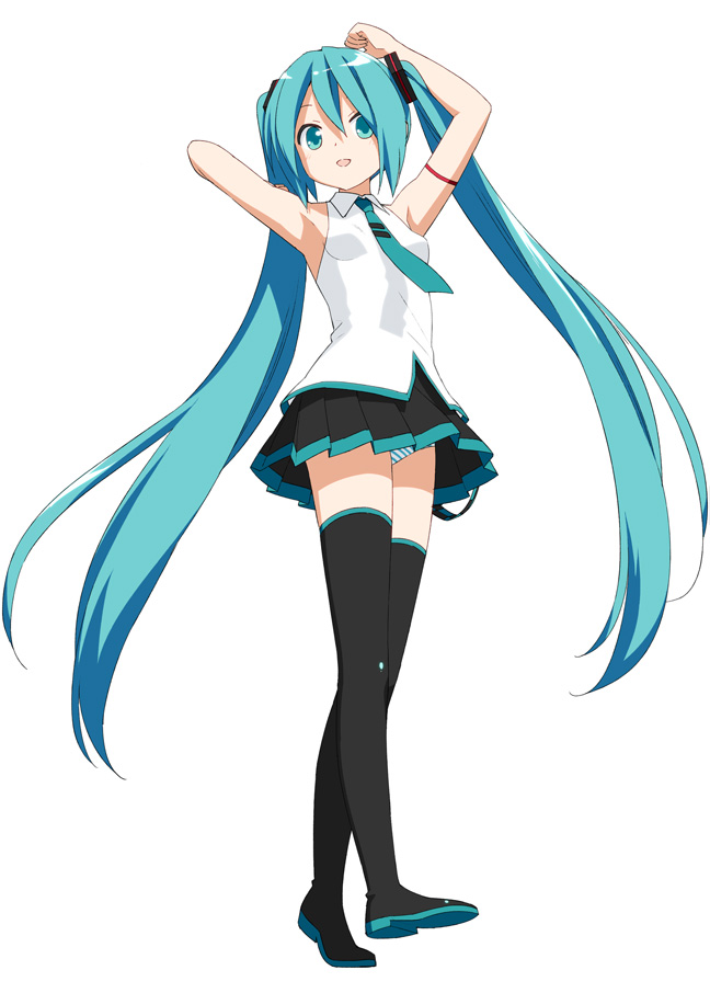 1girl aqua_eyes aqua_hair aqua_neckwear armpits arms_up bare_shoulders belt black_legwear black_skirt boots commentary from_below full_body hair_ornament hand_behind_head hatsune_miku long_hair looking_at_viewer miniskirt necktie open_mouth panties pantyshot peko pleated_skirt shirt shoulder_tattoo skirt sleeveless sleeveless_shirt smile solo striped striped_panties tattoo thigh_boots thighhighs twintails underwear very_long_hair vocaloid vocaloid_(lat-type_ver) white_background white_shirt