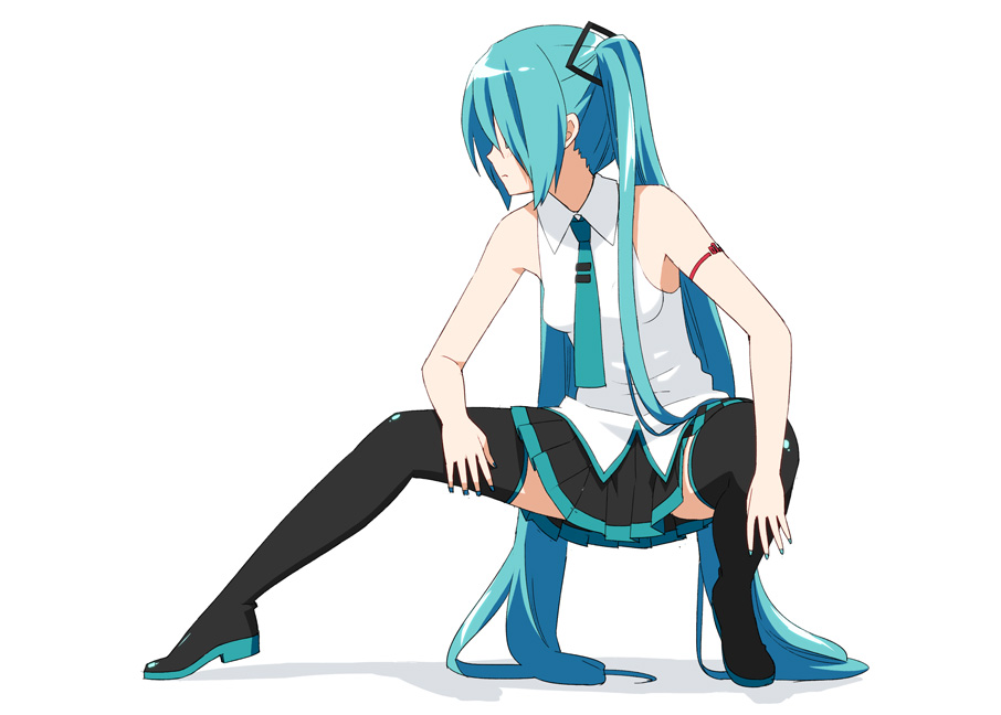 1girl aqua_hair aqua_nails aqua_neckwear bare_shoulders black_legwear black_skirt boots commentary expressionless from_side full_body hair_ornament hair_over_eyes hair_over_one_eye hatsune_miku long_hair miniskirt nail_polish necktie outstretched_leg peko pleated_skirt shadow shirt shoulder_tattoo skirt sleeveless sleeveless_shirt solo squatting tattoo thigh_boots thighhighs twintails very_long_hair vocaloid vocaloid_(lat-type_ver) white_background white_shirt