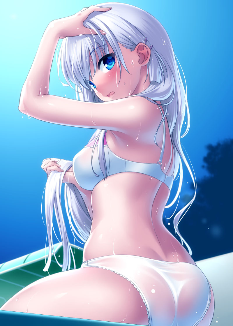 1girl arm_up blue_eyes blush bra breasts character_request hand_in_hair holding holding_hair long_hair looking_at_viewer outdoors panties see-through sitting sky solo summer_pockets tree underwear white_bra white_panties zen