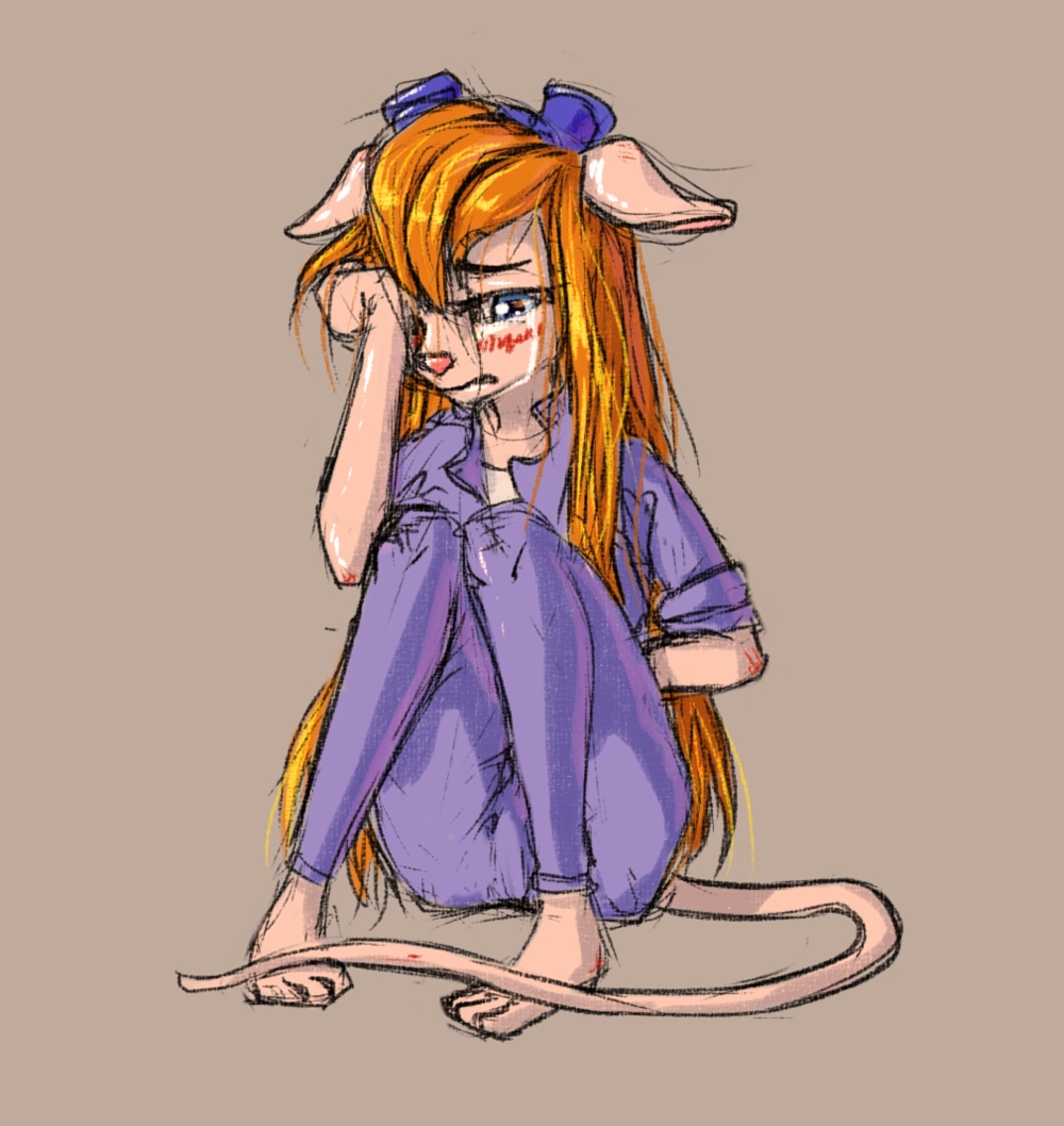 2020 anthro blush bodily_fluids brown_ears chip_'n_dale_rescue_rangers clothed clothing crying digital_media_(artwork) disney female fingers gadget_hackwrench hair long_hair madhotaru mammal mouse murid murine orange_hair plantigrade rodent rubbing_eye sad sitting solo tears toes