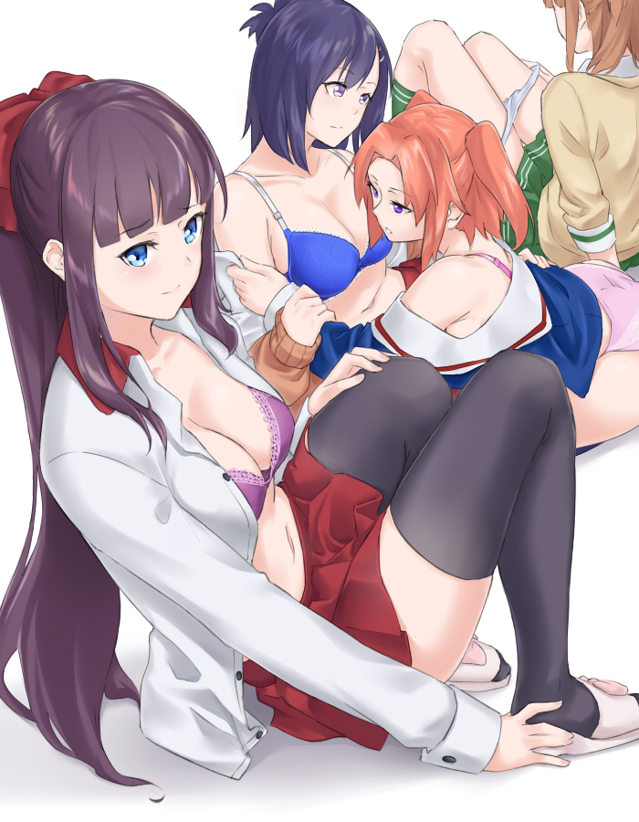 4girls bangs black_legwear blue_bra blue_eyes blue_hair blue_shirt blunt_bangs bow bra bra_strap breasts brown_hair character_request cleavage collarbone collared_shirt copyright_request dress_shirt eyebrows_visible_through_hair gabriel_dropout green_legwear green_skirt hair_bow hair_intakes hand_on_another's_shoulder leaning_back long_hair long_sleeves medium_breasts midriff miniskirt multiple_girls navel new_game! off_shoulder open_clothes open_shirt orange_hair panties panty_pull pleated_skirt ponytail purple_bra purple_eyes red_bow red_skirt saruno_(eyesonly712) shiny shiny_hair shirt short_hair sitting skirt stomach sweater takimoto_hifumi thighhighs tsukinose_vignette_april twintails unbuttoned unbuttoned_shirt underwear undressing very_long_hair white_panties white_shirt wing_collar yellow_sweater zettai_ryouiki