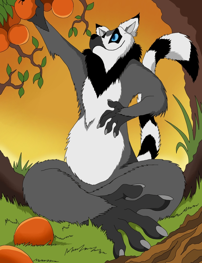 2020 5_fingers 5_toes anthro blue_eyes fingers food fruit fur grabbing grass lemur male mammal multicolored_body multicolored_fur nude plant primate ring-tailed_lemur sitting smile solo strepsirrhine toes tree vegabone