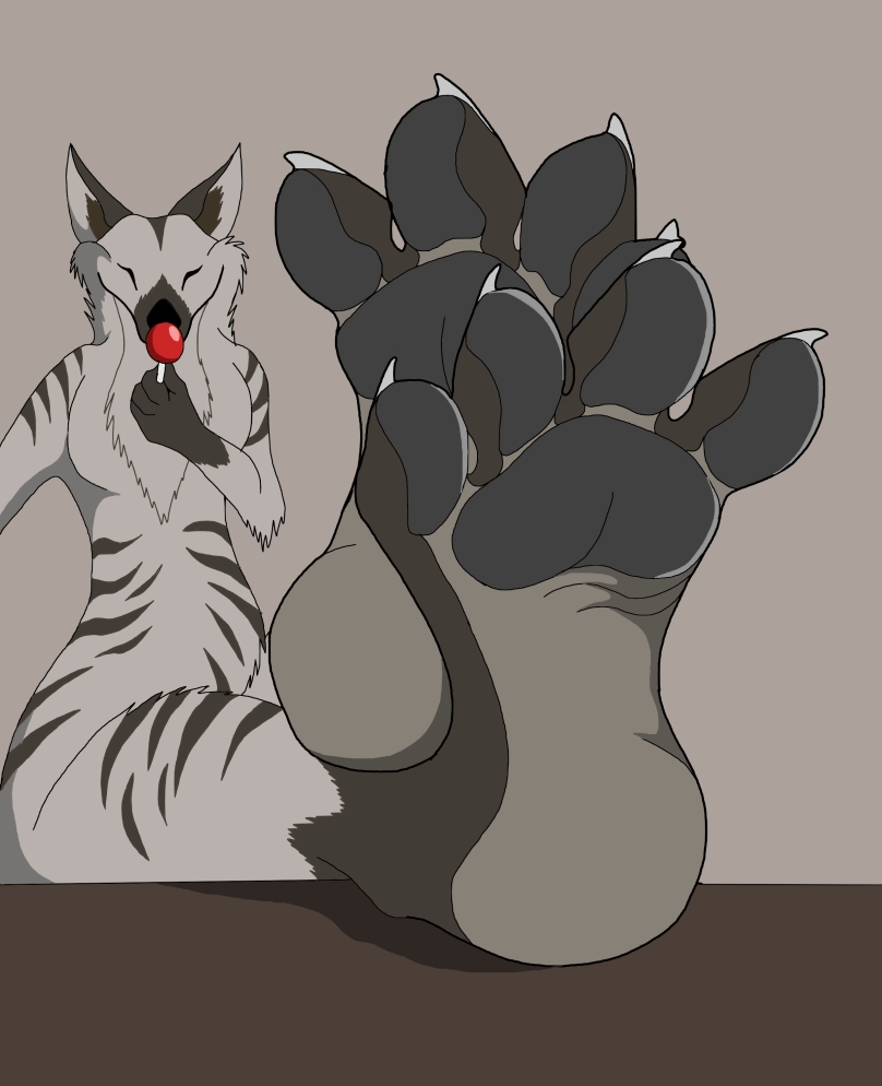 2019 4_toes anthro candy eyes_closed food foot_focus foot_on_table grey_background holding_object hyaenid lollipop male mammal nude pawpads plantigrade simple_background sitting smile solo toes vegabone