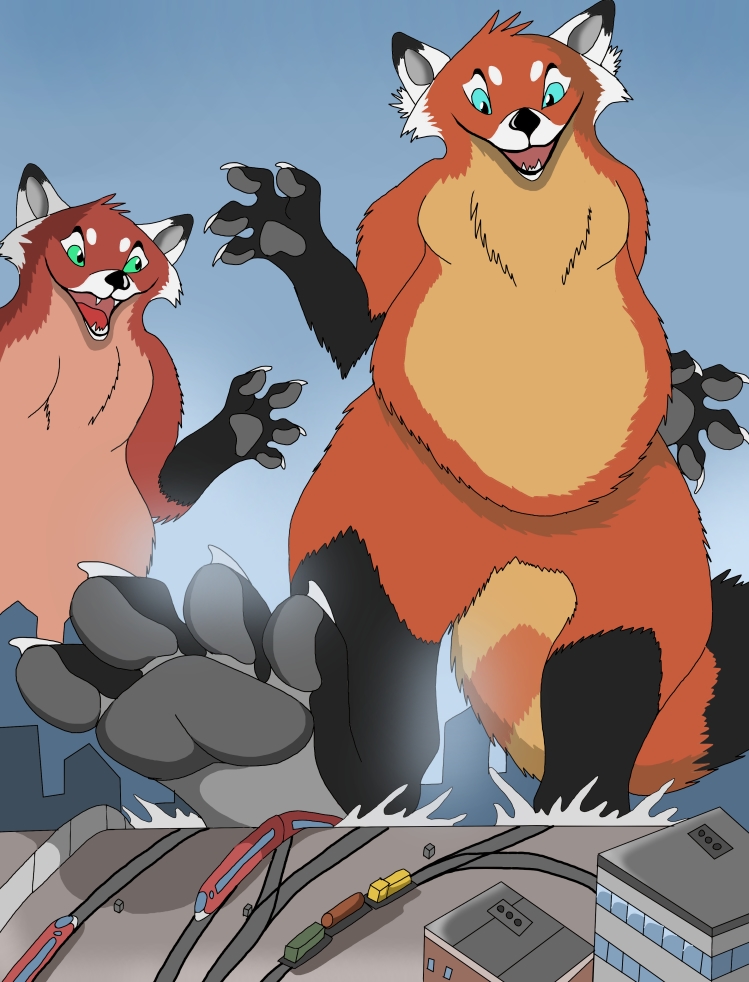 2019 4_fingers 4_toes ailurid anthro blue_eyes building day duo fingers green_eyes looking_at_another macro male mammal nude open_mouth overweight pawpads plantigrade rampage red_panda sky toes train train_junction vegabone vehicle walking