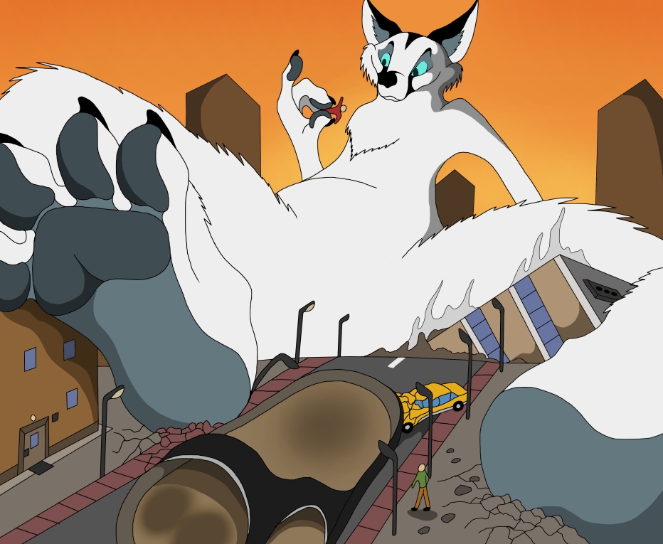 2019 4_fingers 4_toes anthro arctic_fox blue_eyes building building_damage canid canine clothing door fingers floor_cracks footwear fox fur holding_another human looking_at_another lounging macro male mammal nude pawpads plantigrade rampage sandals size_difference sky smile street toes vegabone vegabone_(character) white_body white_fur