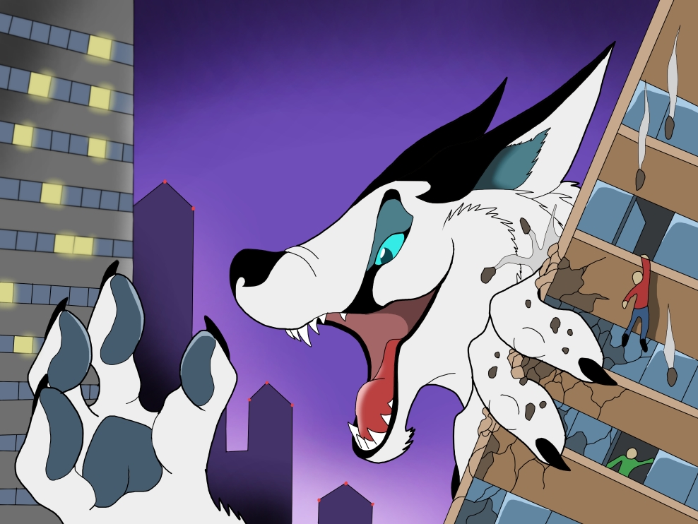 2019 4_fingers ambiguous_gender anthro arctic_fox blue_eyes building building_damage canid canine fingers fox fur group human macro male mammal open_mouth rampage size_difference skyscraper vegabone vegabone_(character) white_body white_fur window