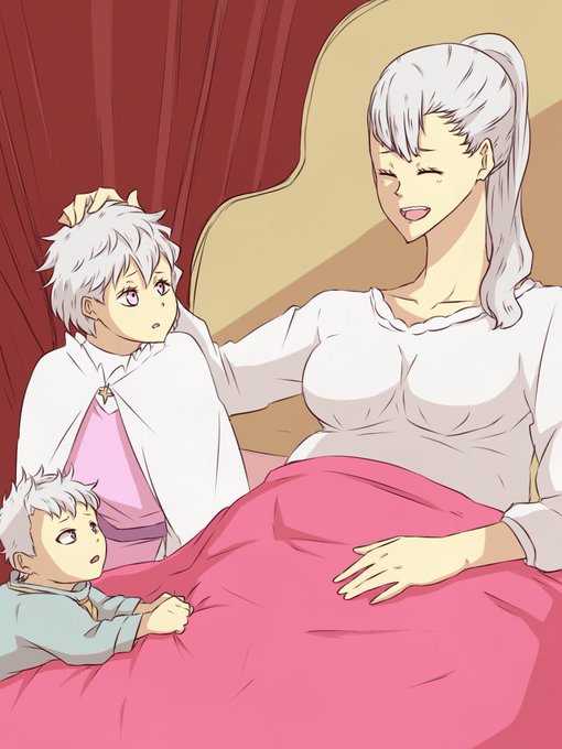 1boy 2girls acier_silva black_clover breasts cape closed_eyes collarbone hand_on_another's_head jinguu_(timaya) large_breasts long_hair lying mother_and_daughter mother_and_son multiple_girls nebra_silva on_bed ponytail pregnant purple_eyes shirt silver_hair solid_silva white_cape white_shirt younger