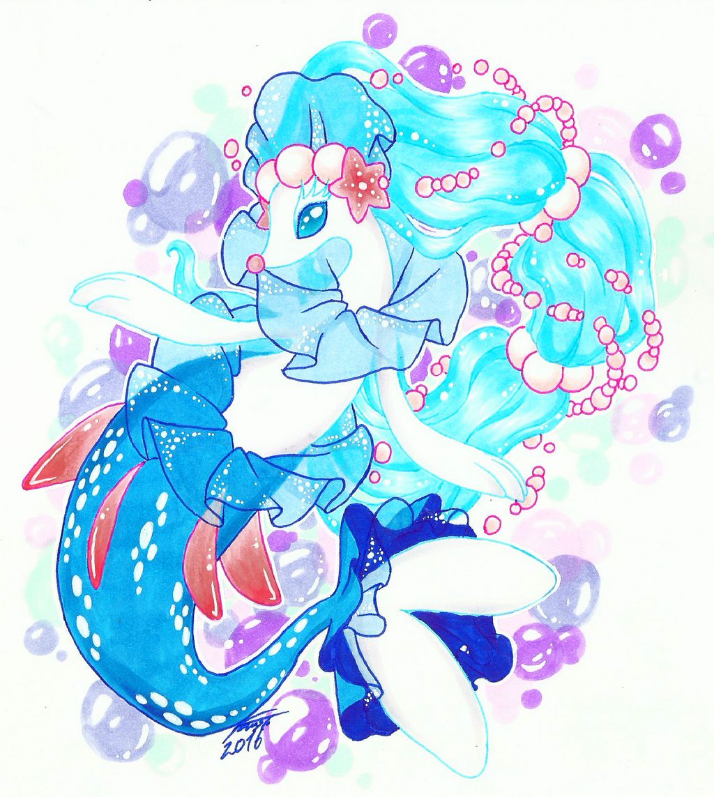 2016 accessory ambiguous_gender asterozoan blue_body blue_eyes blue_hair bubble cat-with-a-crown echinoderm eyelashes feral gem hair hair_accessory marine nintendo pearl_(gem) pink_nose pok&eacute;mon pok&eacute;mon_(species) primarina signature solo spikes starfish starfish_(accessory) video_games white_body