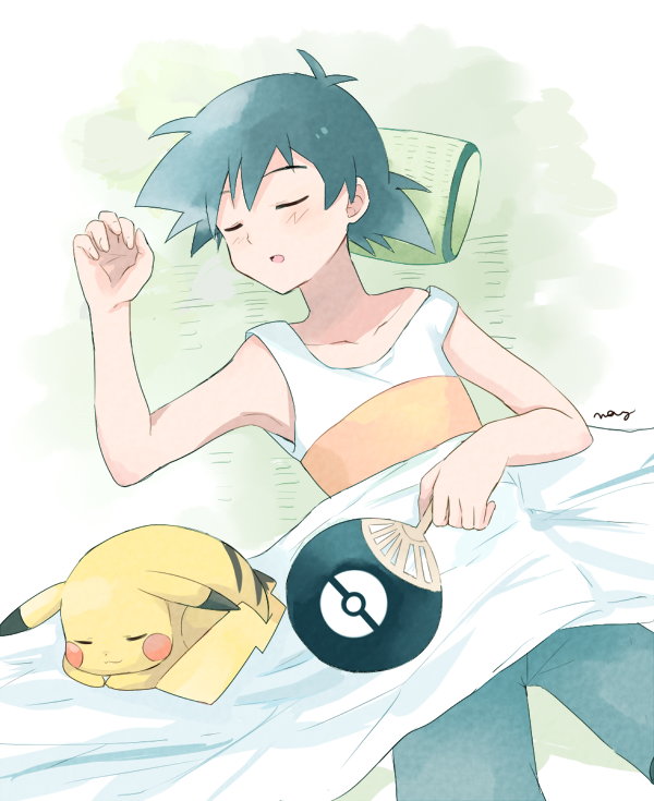 1boy black_hair blanket closed_eyes fan gen_1_pokemon mei_(maysroom) no_hat no_headwear open_mouth pajamas pikachu pillow pokemon pokemon_(anime) pokemon_(creature) pokemon_xy_(anime) satoshi_(pokemon) sleeping spiked_hair under_covers