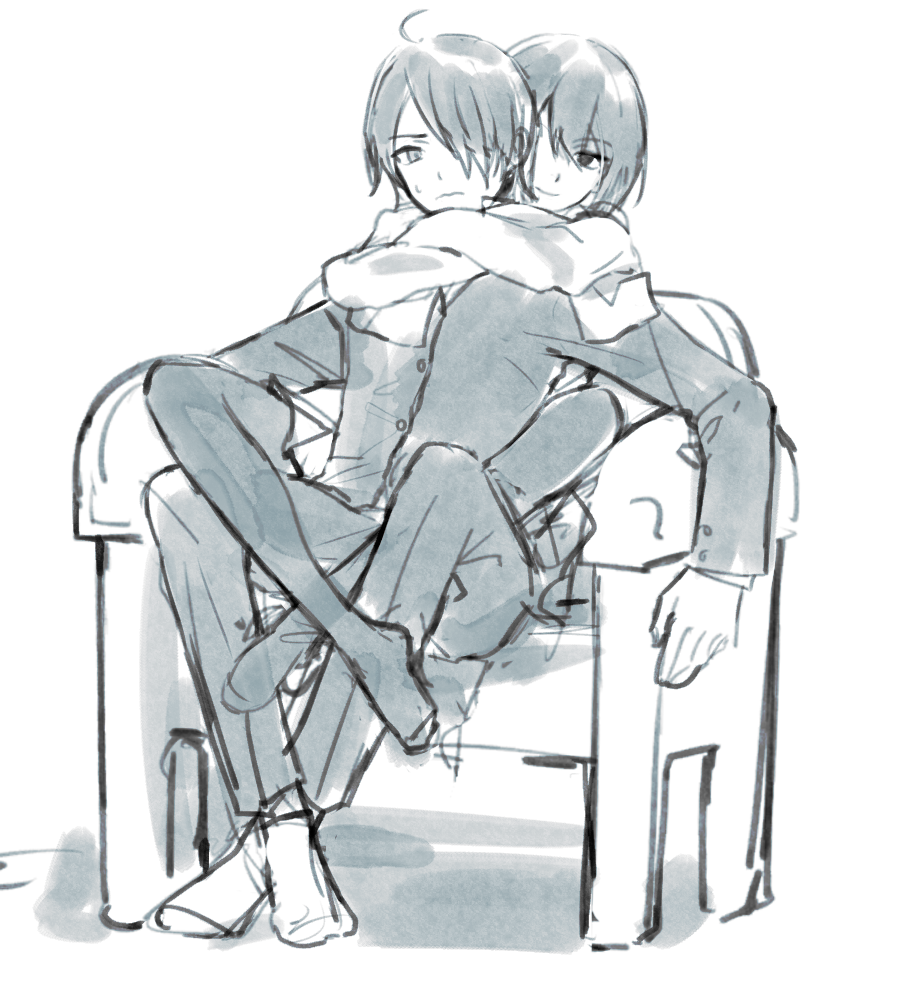 1boy 1girl ahoge araragi_koyomi arms_around_neck bangs black_legwear bob_cut chair commentary crossed_ankles crossed_arms front_to_back furrowed_eyebrows hair_between_eyes hair_over_one_eye hug jacket leg_lock light_frown light_smile looking_at_another looking_back monochrome monogatari_(series) on_chair oshino_ougi pants pantyhose pleated_skirt retto school_uniform shadow short_hair simple_background sitting sketch skirt sleeves_past_fingers sleeves_past_wrists socks sweatdrop white_background