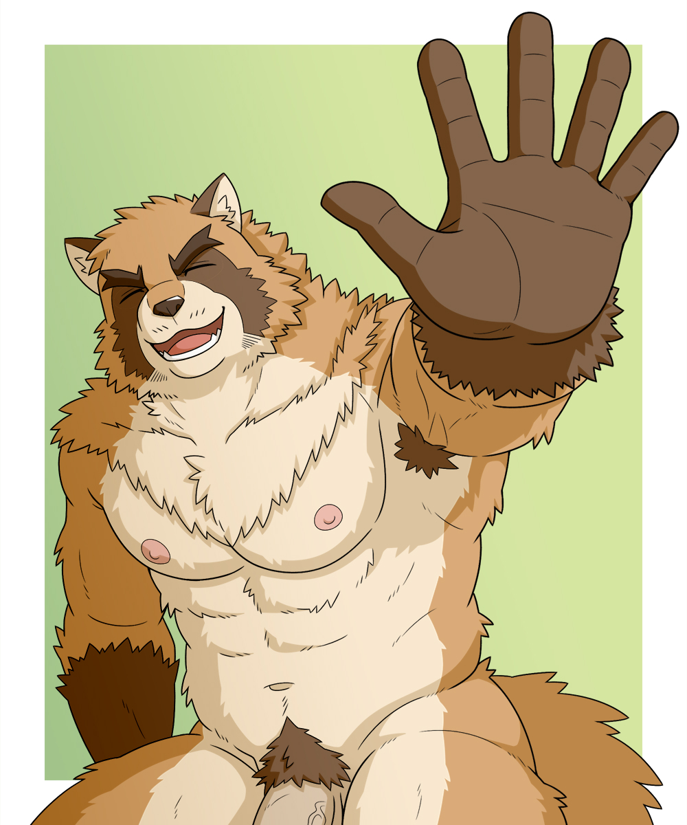 2020 anthro barazoku blue_eyes brown_body brown_fur canid canine eyes_closed fur genitals hi_res humanoid_hands jacklantern_11 kemono male mammal muscular nipples penis pubes raccoon_dog simple_background sitting solo tanuki