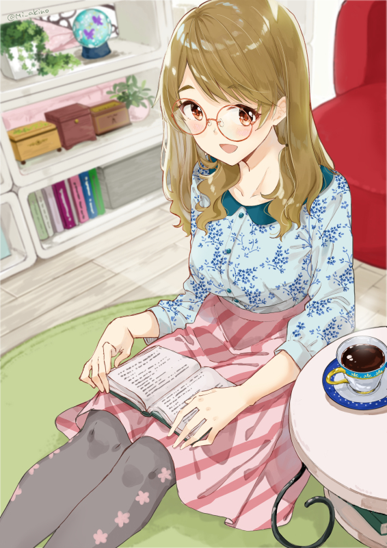 1girl :d armchair blue_shirt blush book breasts brown-framed_eyewear brown_eyes brown_hair chair collarbone collared_shirt commentary_request cup diagonal_stripes feet floral_print glasses grey_legwear indoors long_hair long_sleeves looking_at_viewer medium_breasts miyabi_akino open_book open_mouth original pantyhose pink_skirt print_legwear print_shirt puffy_long_sleeves puffy_sleeves round_eyewear saucer shirt skirt smile solo striped striped_skirt table wooden_floor