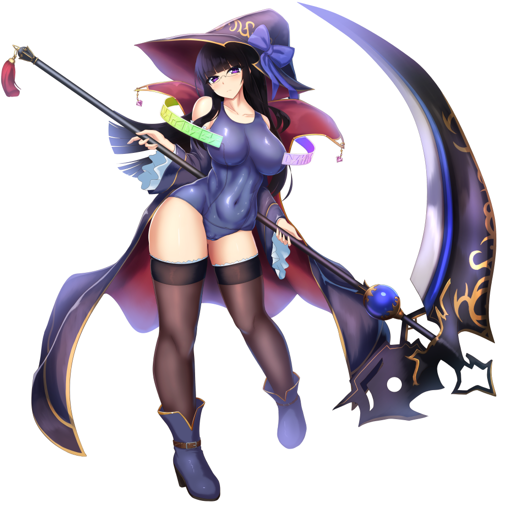 1girl bare_shoulders black_hair blue_one-piece_swimsuit blunt_bangs breasts cameltoe cloak covered_navel fantasy glasses hat holding holding_scythe long_hair long_sleeves looking_at_viewer magic_circle nekopanch0852 old_school_swimsuit one-piece_swimsuit open_cloak open_clothes original purple_eyes school_swimsuit scythe solo standing swimsuit swimsuit_under_clothes thighhighs thighs white_background wizard wizard_hat