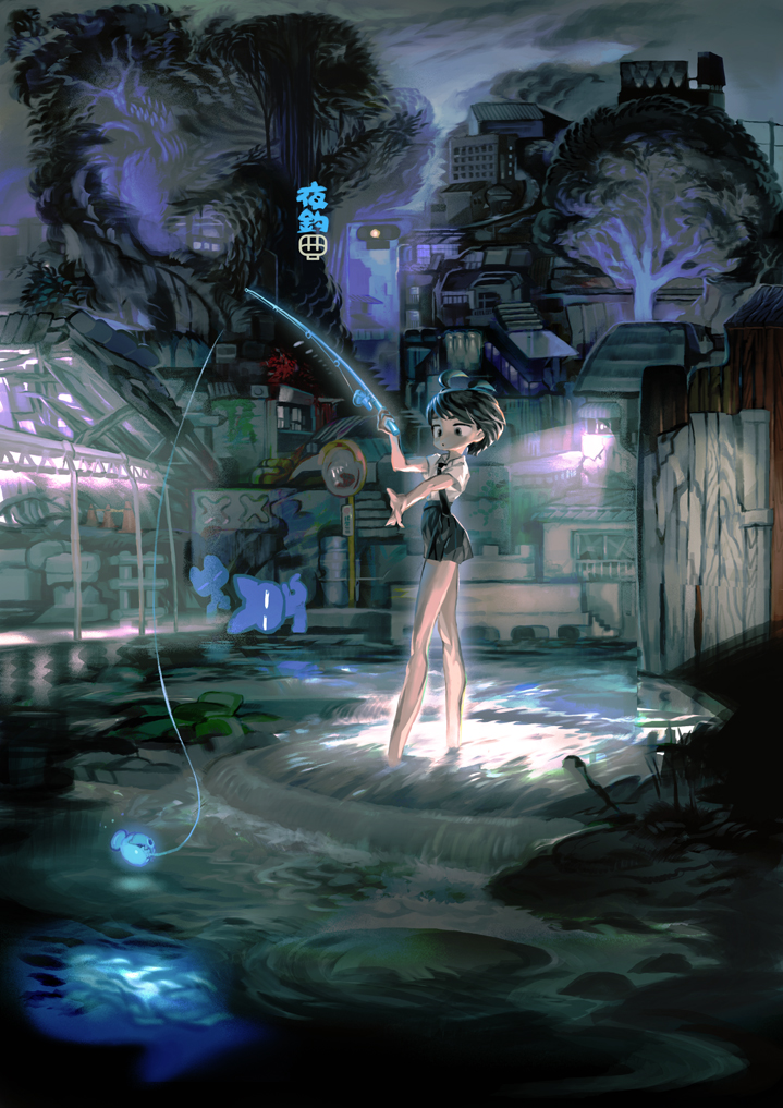 1girl antenna_hair black_eyes black_hair black_skirt cityscape creature fantasy fish fishing fishing_rod holding holding_fishing_rod kawaguchi_youhei original outdoors shirt short_hair skirt sky solo suspender_skirt suspenders town traffic_mirror tree water white_shirt