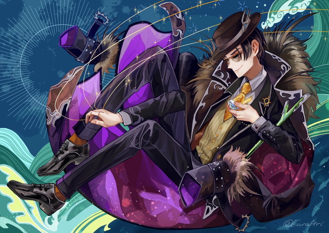 1boy ashioka_kuraco black_coat black_footwear black_hair black_hat black_jacket black_pants black_suit blue_background boater_hat braised_trepang_(the_tale_of_food) brown_socks brown_vest closed_mouth coat coat_on_shoulders collared_shirt cuff_links diamond_(gemstone) full_body fur-trimmed_coat fur_trim gem green_eyes grey_shirt holding holding_gem jacket knees_up lapel_pin lapels long_sleeves looking_ahead male_focus necktie notched_lapels open_clothes open_jacket orange_necktie oxfords pants parted_bangs puppet_strings purple_coat shirt short_hair smirk socks solo sparkle string_around_finger striped_clothes striped_vest suit suit_jacket sunglasses the_tale_of_food two-sided_coat two-sided_fabric vertical-striped_clothes vertical-striped_vest vest waves