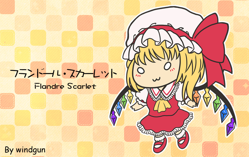 1girl :3 artist_name ascot bobby_socks character_name chibi closed_mouth collared_shirt crystal english_text flandre_scarlet frilled_shirt_collar frilled_skirt frills full_body hat hat_ribbon mary_janes mob_cap multicolored_wings puffy_short_sleeves puffy_sleeves red_footwear red_ribbon red_skirt red_vest ribbon shirt shoes short_sleeves simple_background skirt sleeve_ribbon socks solid_circle_eyes solo touhou vest white_hat white_shirt white_socks windgun wings yellow_ascot yellow_background