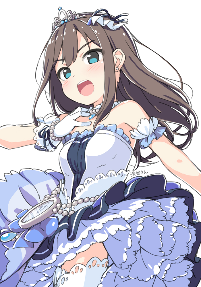 1girl aqua_eyes bare_shoulders black_hair blush bracelet breasts character_name clock cowboy_shot crown detached_sleeves dot_nose double-parted_bangs dress earrings frilled_dress frills gloves hand_on_own_chest hand_out_of_frame idolmaster idolmaster_cinderella_girls jewelry kuresuku_(lessons) long_hair necklace open_mouth pearl_bracelet pearl_earrings pearl_necklace petticoat shibuya_rin simple_background small_breasts straight_hair teeth thighhighs upper_teeth_only v-shaped_eyebrows white_background white_dress white_gloves white_thighhighs zettai_ryouiki