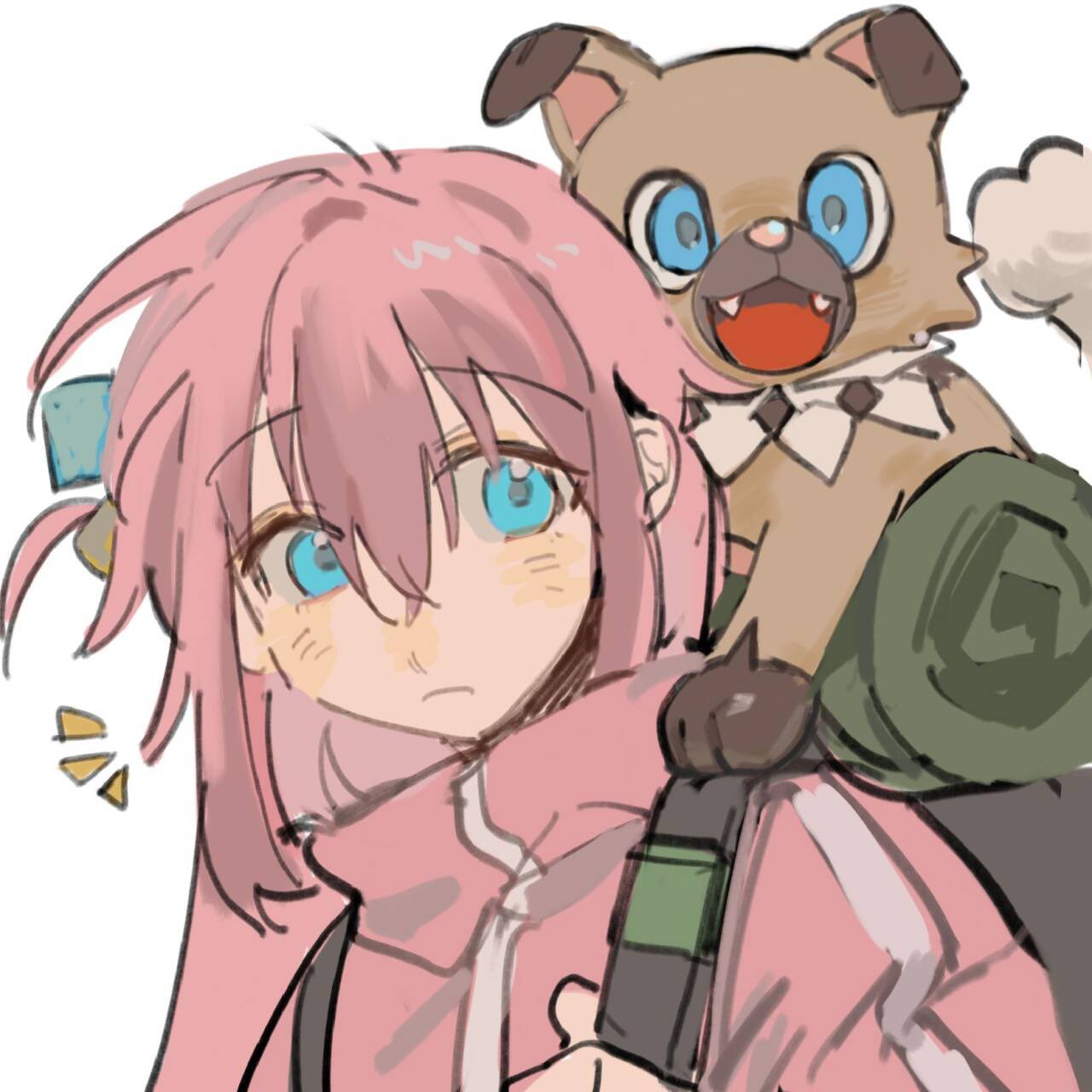 1girl backpack bag blue_eyes bocchi_the_rock! closed_mouth cube_hair_ornament dog gotoh_hitori hair_ornament highres jacket lingyi long_hair notice_lines pink_hair pink_jacket pokemon pokemon_(creature) rockruff simple_background solo upper_body white_background