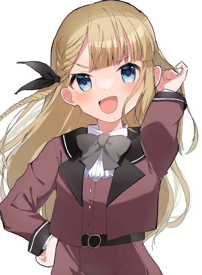 1girl :d belt black_belt blazer blonde_hair blue_eyes blunt_bangs blush bow bowtie braid brown_jacket brown_skirt brown_vest collared_shirt commentary grey_bow grey_bowtie hand_in_own_hair hand_on_own_hip idoly_pride jacket long_braid long_hair long_sleeves looking_at_viewer narumiya_suzu open_mouth pleated_skirt shirt side_braid simple_background skirt smile solo tesa_otaku v-shaped_eyebrows vest white_background white_shirt