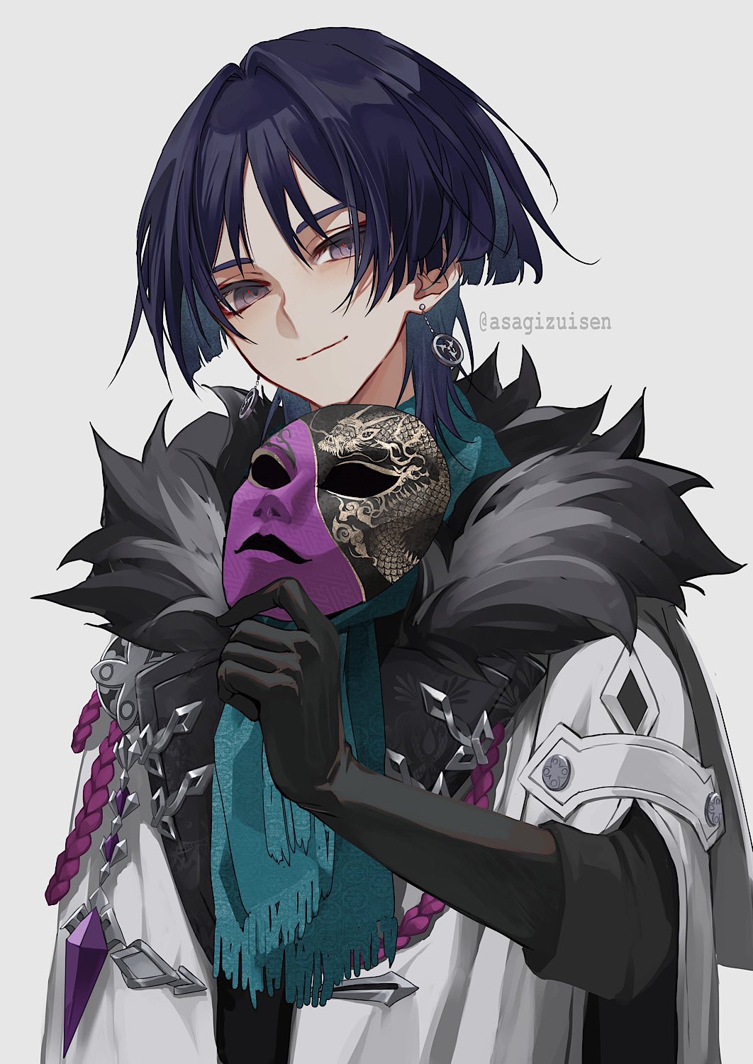 1boy asagizuisen black_gloves black_hair blue_scarf closed_mouth coat earrings elbow_gloves fur-trimmed_coat fur_trim genshin_impact gloves grey_background hair_between_eyes highres holding holding_mask jewelry looking_at_viewer male_focus mask purple_eyes scaramouche_(genshin_impact) scarf simple_background solo twitter_username upper_body white_coat