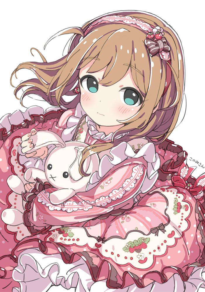 1girl aqua_eyes baba_konomi blush brown_hair character_name closed_mouth dot_nose dress eyelashes frilled_dress frills from_above hair_between_eyes hairband idolmaster idolmaster_million_live! idolmaster_million_live!_theater_days kuresuku_(lessons) lace-trimmed_dress lace-trimmed_hairband lace_trim long_sleeves looking_at_viewer petticoat pink_dress shy sidelocks simple_background solo straight_hair stuffed_animal stuffed_rabbit stuffed_toy white_background