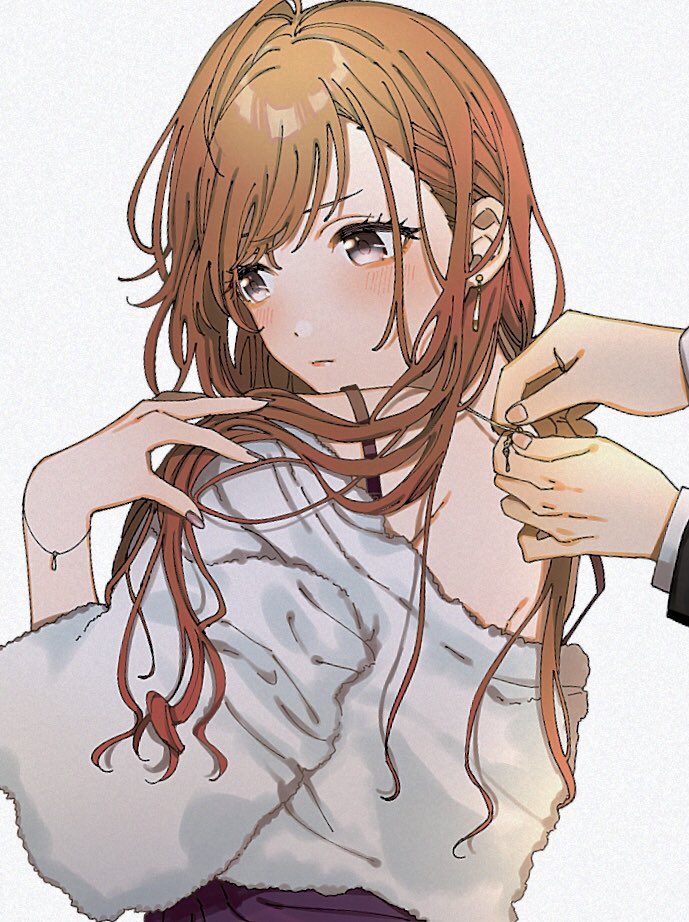 1girl 1other arisugawa_natsuha blush bra_strap bracelet brown_hair closed_mouth commentary_request earrings grey_eyes idolmaster idolmaster_shiny_colors iwawa jewelry long_sleeves shirt upper_body white_background white_shirt