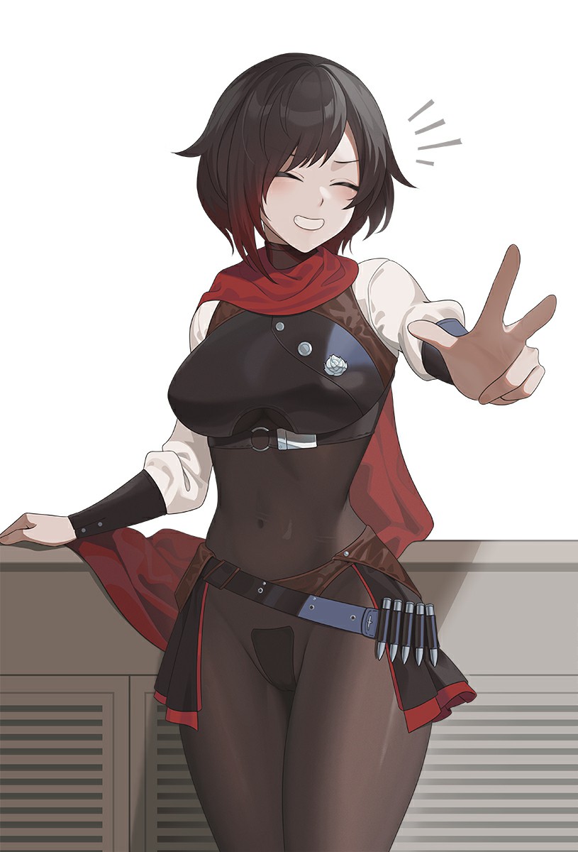 armor black_bodysuit black_skirt bodysuit breastplate breasts brown_hair bullet cape closed_eyes covered_navel cowboy_shot gradient_hair highres large_breasts maebari miniskirt multicolored_hair red_cape red_hair ruby_rose rwby skirt smile teeth w wangxiii white_background