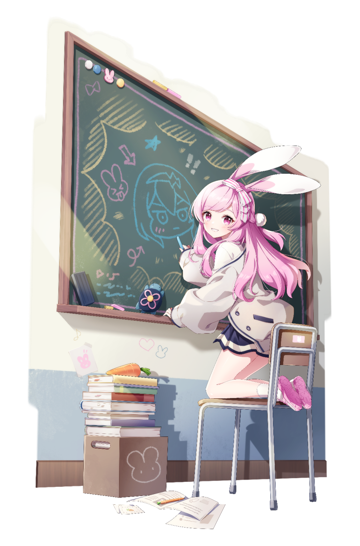 1girl animal_ears bare_legs blue_skirt blush book book_stack bow box cardboard_box cardigan carrot chalk chalkboard classroom cotton_ball eversoul full_body game_cg grey_cardigan grin hair_ribbon holding holding_chalk jacket kneeling long_hair long_sleeves looking_at_viewer looking_to_the_side off_shoulder official_alternate_costume official_alternate_hairstyle official_art on_chair open_clothes open_jacket paper pencil pink_footwear pink_hair puffy_long_sleeves puffy_sleeves rabbit_ears rabbit_girl red_eyes ribbon school_uniform sea_turtle shirt skirt sleeves_past_wrists smile socks solo soonie_(eversoul) tachi-e transparent_background turtle white_shirt white_socks