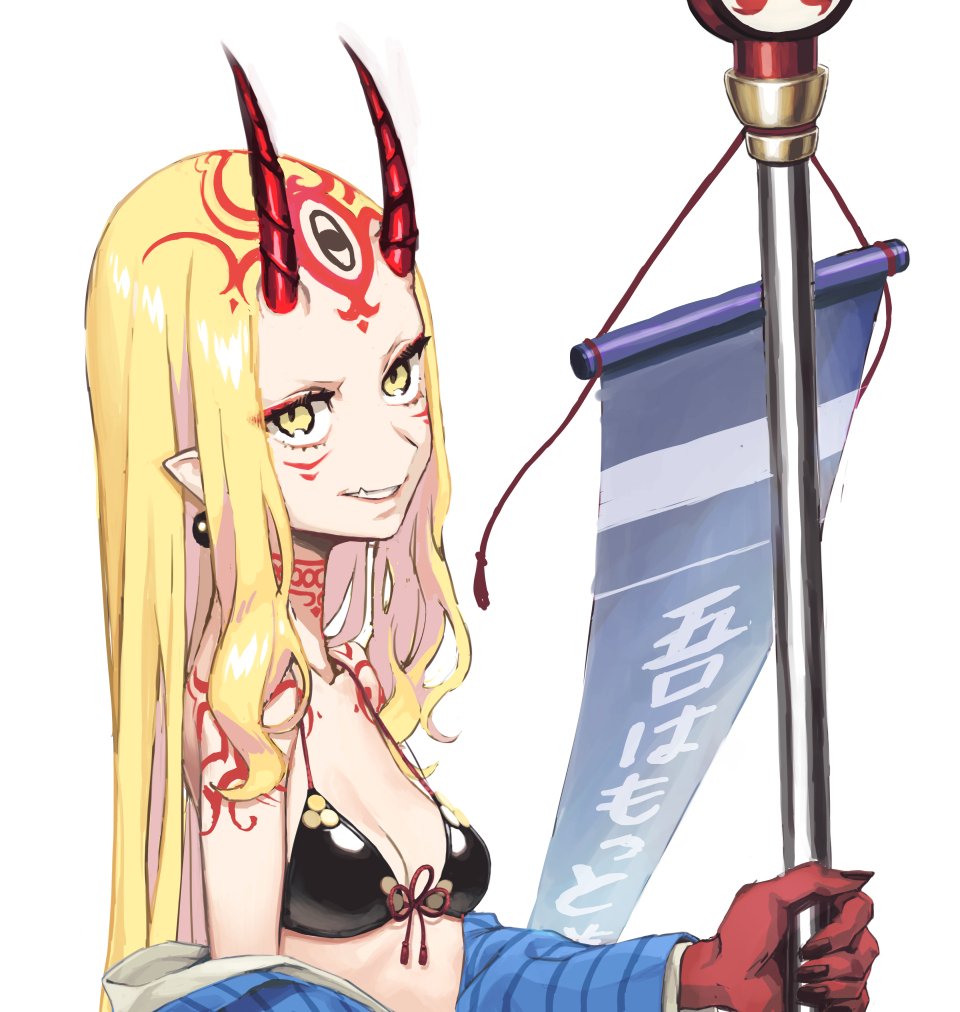 1girl banner bikini black_bikini blonde_hair breasts earrings facial_mark fate/grand_order fate_(series) forehead_mark horns ibaraki_douji_(fate) ibaraki_douji_(swimsuit_lancer)_(fate) jewelry long_hair looking_at_viewer oni pointy_ears small_breasts smile solo swimsuit takuan_(takuanlunch) upper_body yellow_eyes