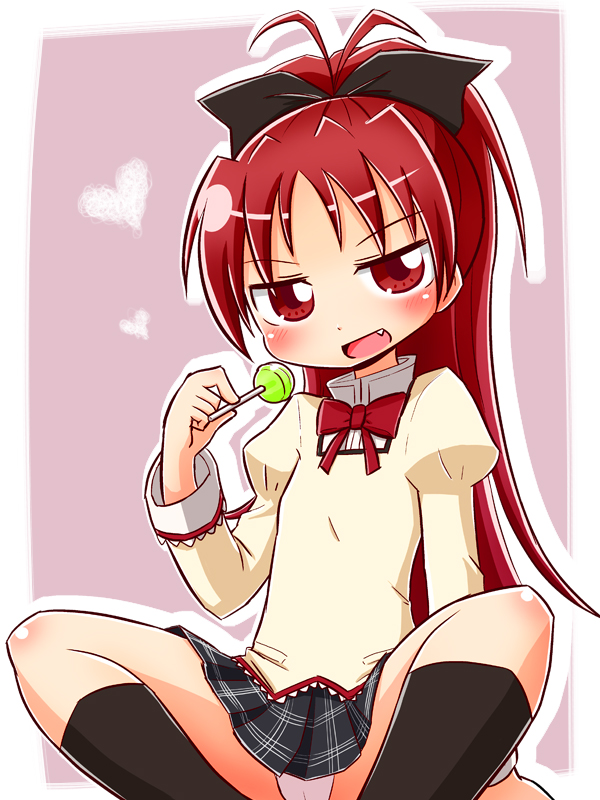 1girl :d antenna_hair black_ribbon black_skirt black_socks blush bow candy commentary_request fang feet_out_of_frame food hair_ribbon hand_up holding holding_candy holding_food holding_lollipop juliet_sleeves kneehighs lollipop long_hair long_sleeves looking_at_viewer mahou_shoujo_madoka_magica naga_u outline panties pleated_skirt ponytail puffy_sleeves purple_background red_bow red_eyes red_hair ribbon sakura_kyoko shirt skirt smile socks solo two-tone_background underwear very_long_hair white_background white_outline white_panties white_shirt