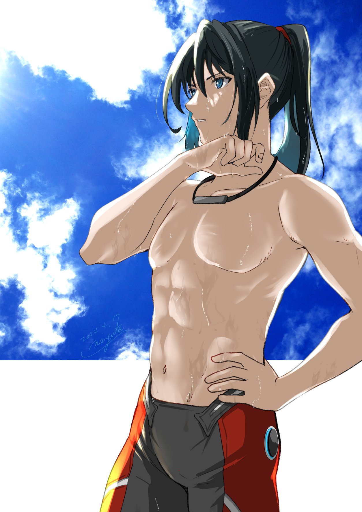 1boy black_hair blue_sky cloud commentary_request hair_between_eyes hand_on_own_hip high_ponytail highres long_hair looking_ahead male_focus navel nayuta-kanata noah_(xenoblade) parted_lips pectorals sky solo standing toned toned_male wet xenoblade_chronicles_(series) xenoblade_chronicles_3