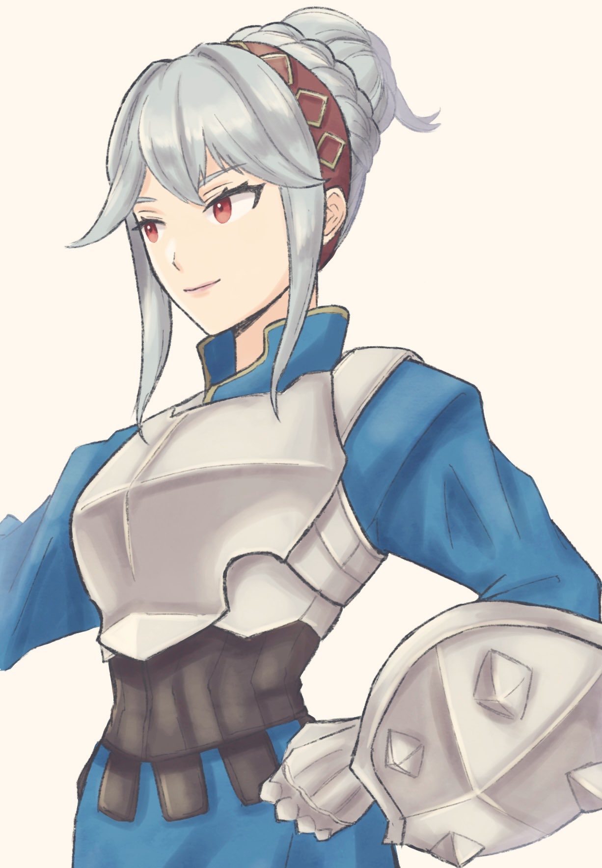 1girl armor breastplate closed_mouth commentary_request eyelashes grey_hair hand_on_own_hip highres medium_hair pink_lips red_eyes simple_background smile solo tea6043 unicorn_overlord virginia_(unicorn_overlord) white_background