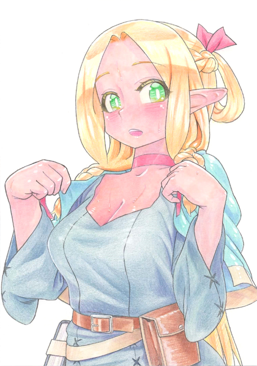 1girl blonde_hair blue_capelet blue_robe breasts capelet choker cleavage commentary_request dungeon_meshi elf green_eyes large_breasts marcille_donato open_mouth pointy_ears red_choker robe simple_background solo traditional_media white_background zanma