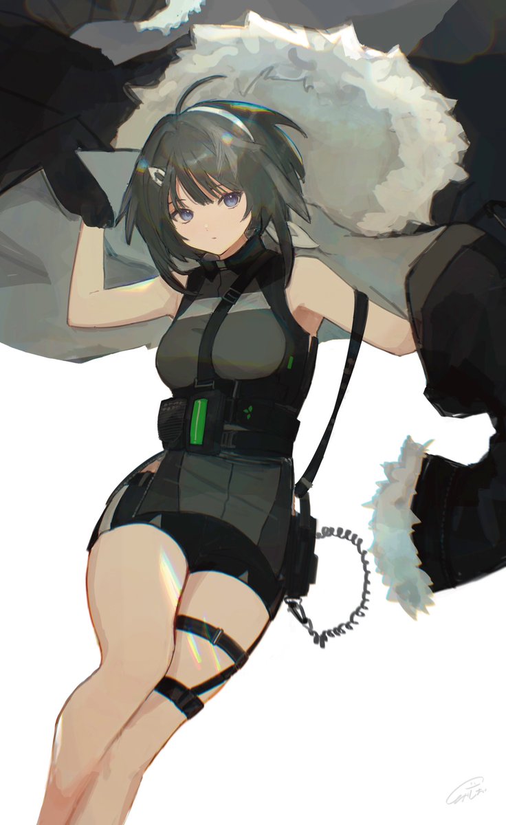 1girl ahoge arknights bare_shoulders black_jacket black_shorts blue_eyes breasts closed_mouth commentary_request feet_out_of_frame fur-trimmed_jacket fur-trimmed_sleeves fur_trim grey_hair hair_ornament hairclip highres jacket k-yosinori la_pluma_(arknights) looking_at_viewer medium_breasts multicolored_hair short_shorts shorts simple_background solo streaked_hair unworn_jacket white_background white_hair