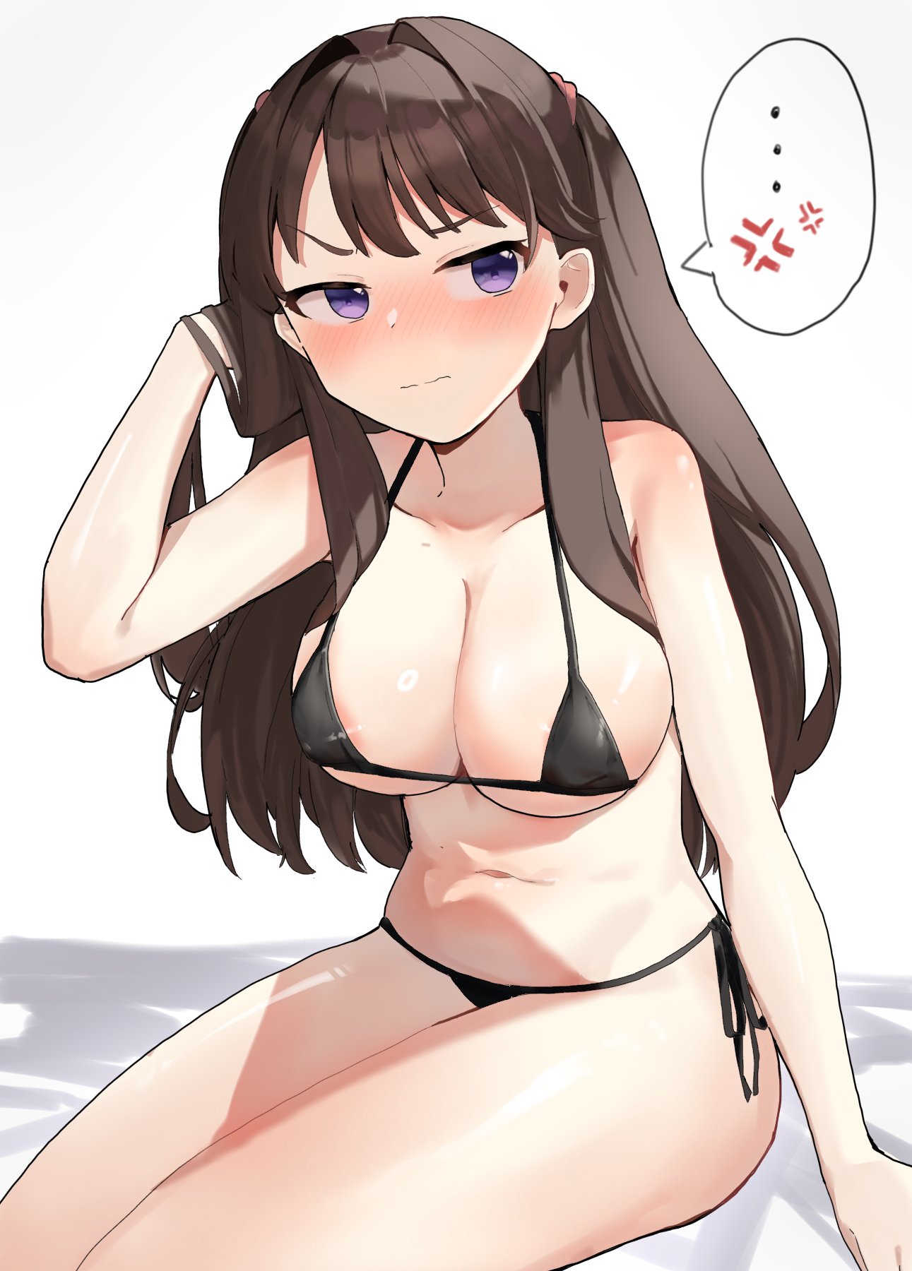 ... 1girl anger_vein areola_slip arm_up bikini black_bikini blush breasts brown_hair cleavage collarbone embarrassed fujishima_megumi hand_in_own_hair hand_rest hashtag-only_commentary highres large_breasts leaning_forward link!_like!_love_live! long_hair love_live! micro_bikini navel nose_blush purple_eyes shadow side-tie_bikini_bottom simple_background sitting solo spoken_anger_vein spoken_ellipsis swimsuit tesa_otaku two_side_up v-shaped_eyebrows virtual_youtuber wavy_mouth white_background