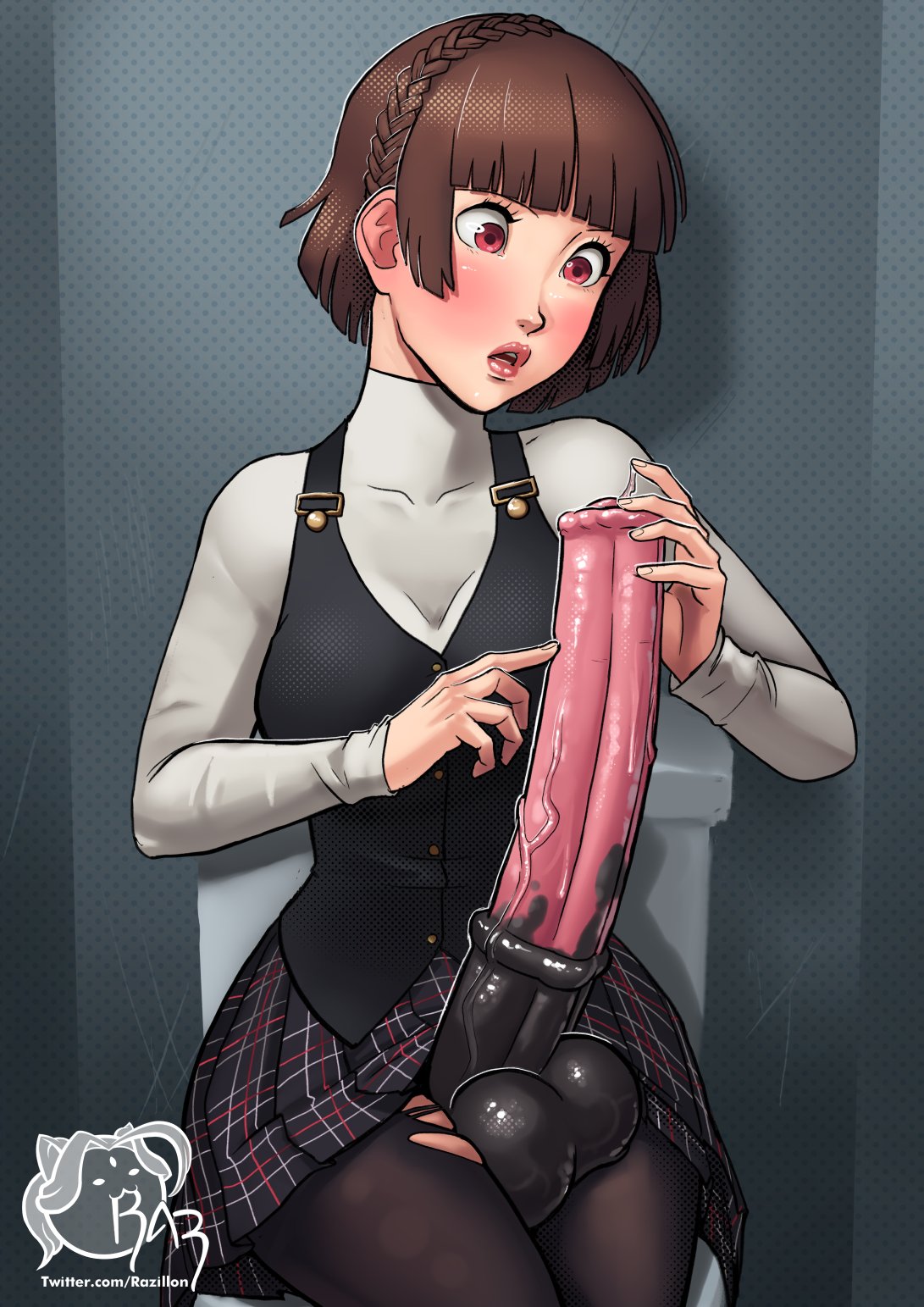 1girl animal_penis artist_logo artist_name black_pantyhose black_skirt black_vest blunt_bangs blush braid breasts brown_hair covered_collarbone cowboy_shot crown_braid erection futanari highres horse_penis huge_penis indoors lips long_sleeves looking_at_penis medium_breasts niijima_makoto on_toilet open_mouth pantyhose penis penis_awe persona persona_5 plaid plaid_skirt pleated_skirt precum razillon red_eyes school_uniform shirt short_hair sitting skirt solo testicles thighs torn_clothes torn_pantyhose twitter_username veins veiny_penis vest web_address white_shirt