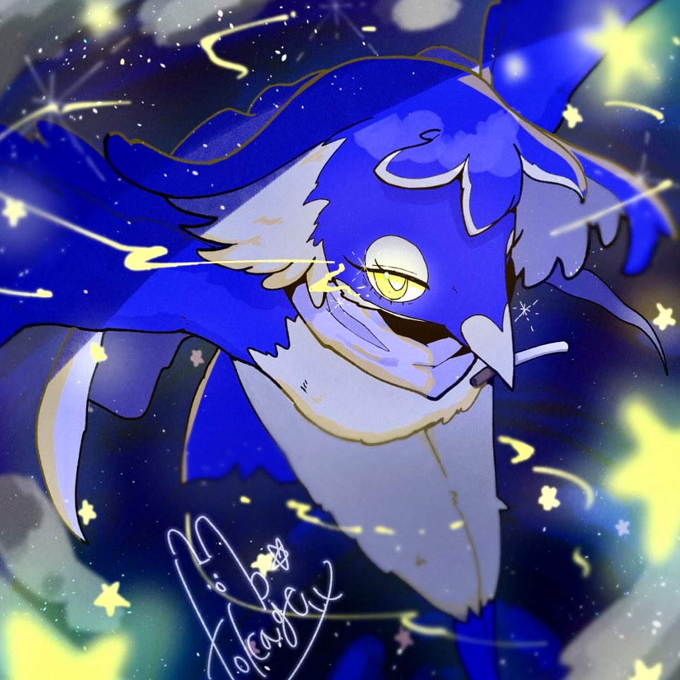 avian bird blue_body blue_fur feathers female fur hair multicolored_body multicolored_fur multicolored_hair night nira-chan scarf signature sky star starry_sky tokage_6666 two_tone_body two_tone_fur two_tone_hair white_scarf yellow_eyes zutomayo