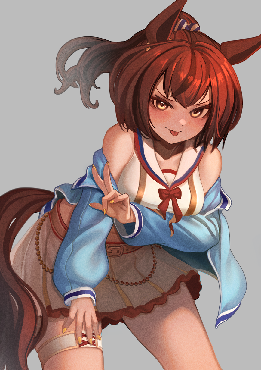 1girl animal_ears belt blue_jacket blush breasts brown_eyes brown_hair cheerleader commentary_request hair_ornament highres horse_ears horse_girl horse_tail hoshikuzu_kizuna_(kizuna_stardust) jacket medium_breasts midriff multicolored_hair navel nice_nature_(run&amp;win)_(umamusume) nice_nature_(umamusume) official_alternate_costume official_alternate_hairstyle open_clothes ribbon short_hair simple_background smile solo stomach streaked_hair tail tongue tongue_out umamusume w yellow_belt