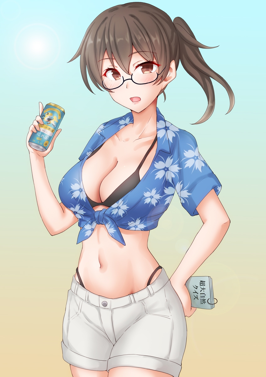 alcohol alternate_costume anti_(untea9) bespectacled bikini black_bikini blue_shirt can cowboy_shot glasses gradient_background highres kaga_(kancolle) kantai_collection looking_at_viewer shirt swimsuit