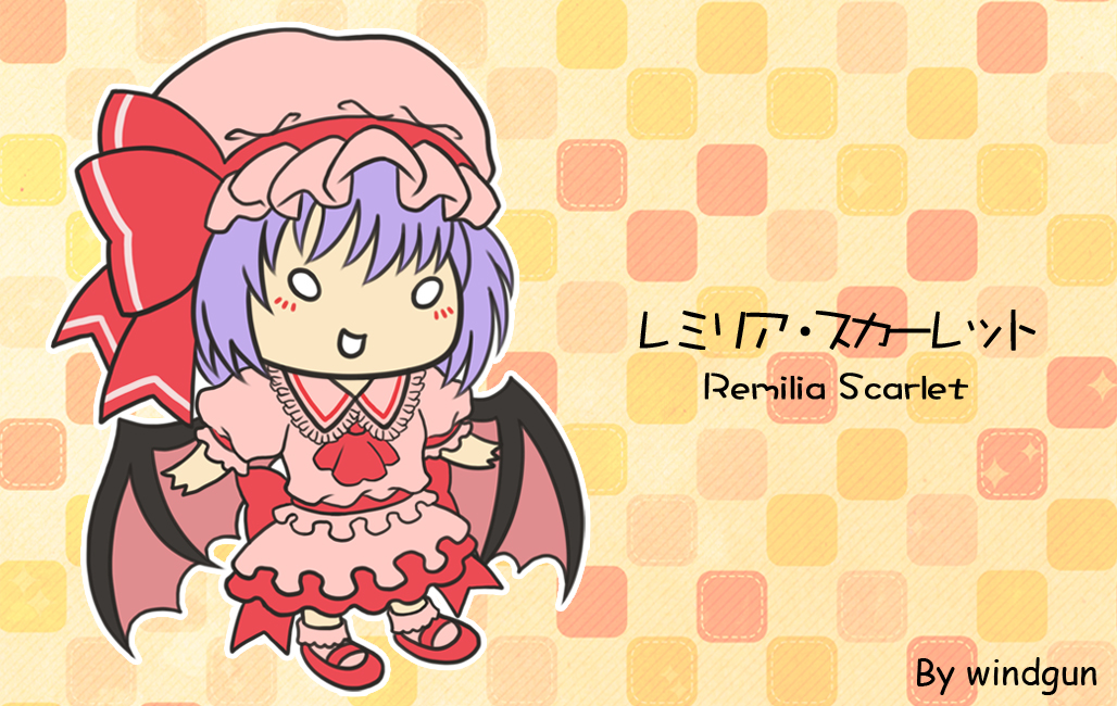 1girl artist_name ascot back_bow bat_wings bobby_socks bow character_name chibi frilled_shirt_collar frills full_body hat large_bow mary_janes medium_hair mob_cap open_mouth pink_hat pink_shirt pink_skirt pink_socks puffy_short_sleeves puffy_sleeves purple_hair red_ascot red_bow red_footwear remilia_scarlet shirt shoes short_sleeves simple_background skirt socks solid_circle_eyes solo touhou windgun wings yellow_background