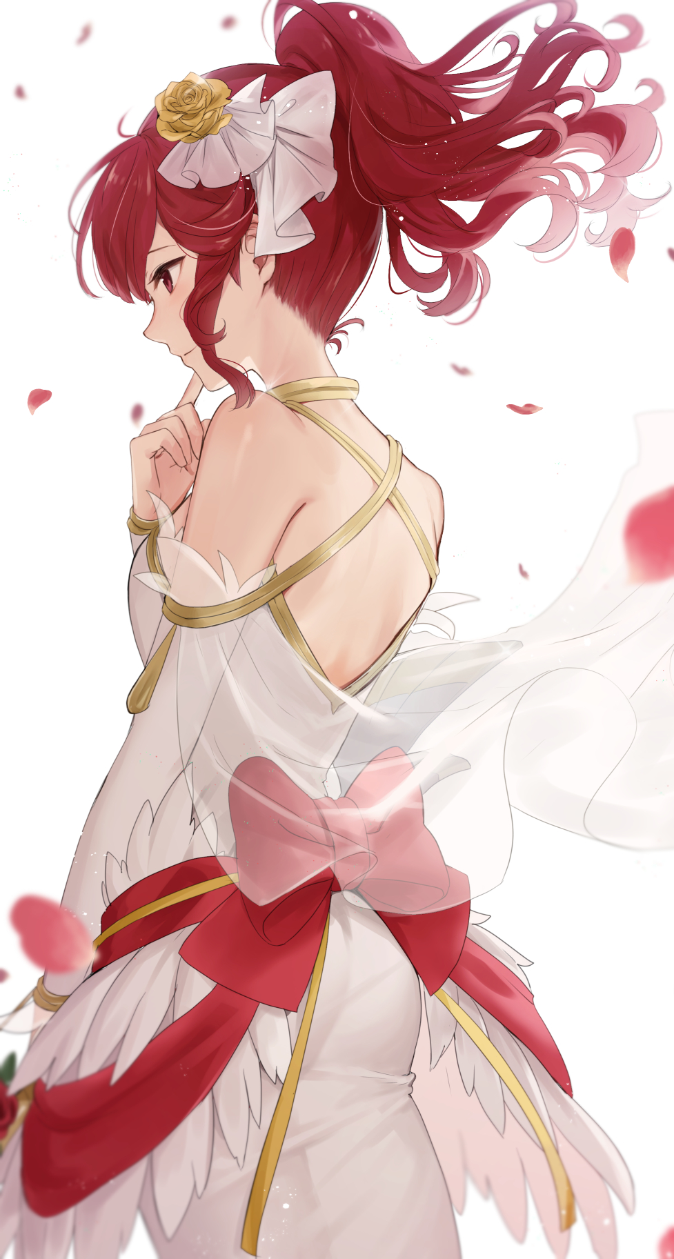 1girl anna_(bridal)_(fire_emblem) anna_(fire_emblem) backless_dress backless_outfit bare_shoulders closed_mouth detached_sleeves dress fire_emblem fire_emblem_awakening fire_emblem_heroes floating_hair from_behind hair_ornament haru_(nakajou-28) highres index_finger_raised long_hair official_alternate_costume petals ponytail profile red_eyes red_hair see-through sidelocks simple_background smile solo wedding_dress white_background