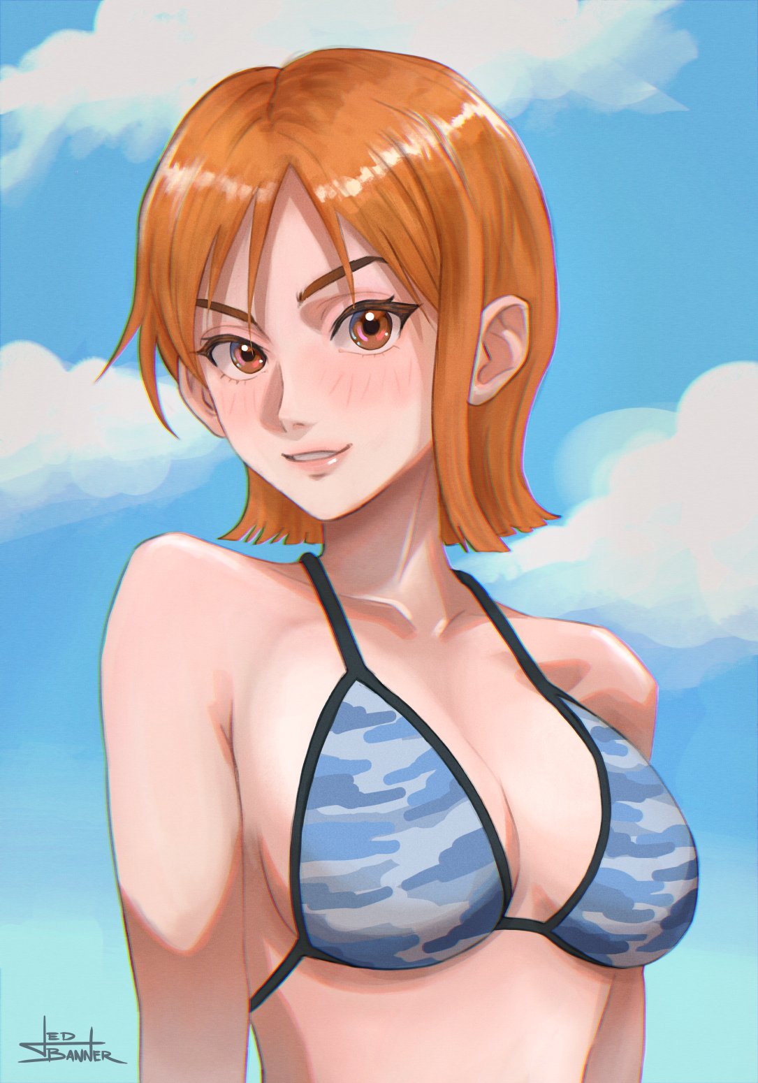 1girl bare_shoulders bikini bikini_top_only blue_bikini blue_sky blush breasts brown_eyes camouflage camouflage_bikini cleavage cloud cloudy_sky collarbone commentary english_commentary halterneck highres jedbanner light_blush lips looking_at_viewer medium_breasts midriff nami_(one_piece) official_alternate_costume one_piece orange_hair outdoors parted_lips short_hair signature single_sidelock sky solo swimsuit upper_body