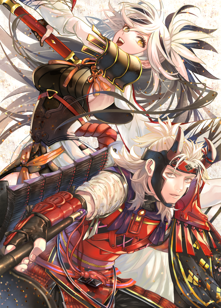 1boy 1girl armor black_hair breasts collar fake_horns fate/grand_order fate_(series) gloves green_eyes hair_between_eyes high_ponytail holding holding_polearm holding_weapon horned_headwear horns japanese_armor large_breasts layered_skirt long_hair long_sleeves looking_at_viewer multicolored_hair nagao_kagetora_(fate) open_mouth polearm red_armor rope_belt shoulder_armor skirt smile sode spear streaked_hair takeda_shingen_(fate) two-tone_hair u-ka_(fukei) uesugi_kenshin_(fate) uesugi_kenshin_(first_ascension)_(fate) very_long_hair weapon white_hair yellow_eyes